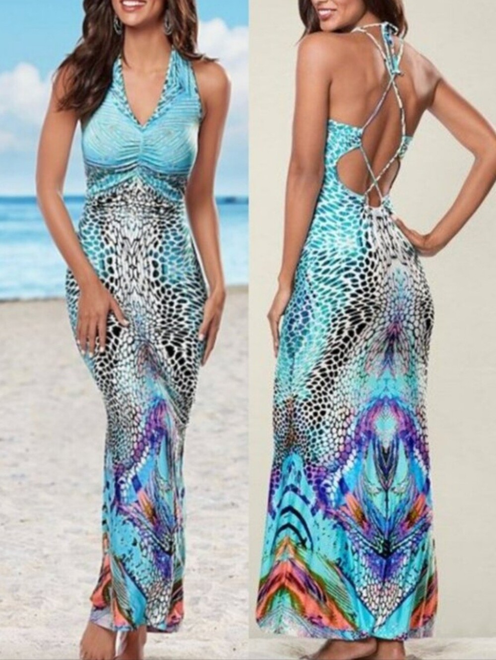 VENUS Turquoise & Multicolor Strappy Back Maxi Dress - Picture 1 of 1